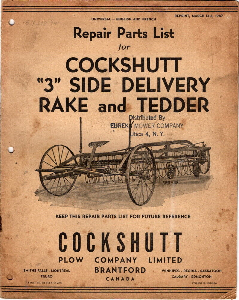 Repair Parts List for Cochshut 3 Side Delivery Rake and Tedder, 1947 