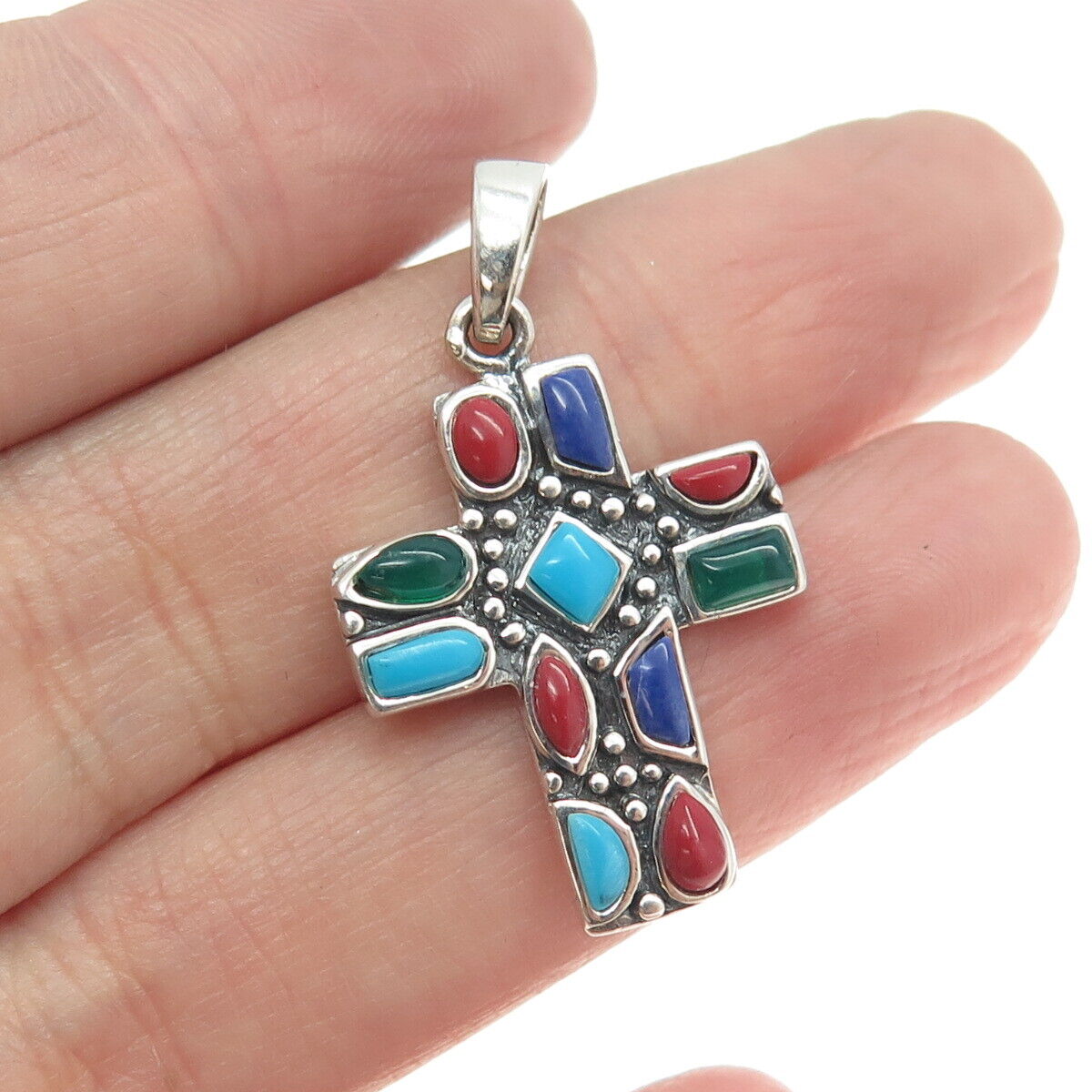925 Sterling Silver Vintage Real Turquoise Coral Lapis Green Onyx Cross Pendant