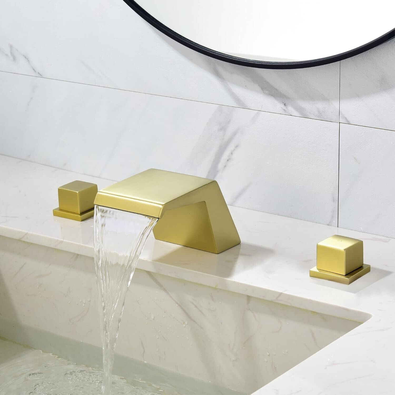 MONDAWE Bathroom Waterfall Faucet in Brushed Gold Solid Brass Spout Faucet