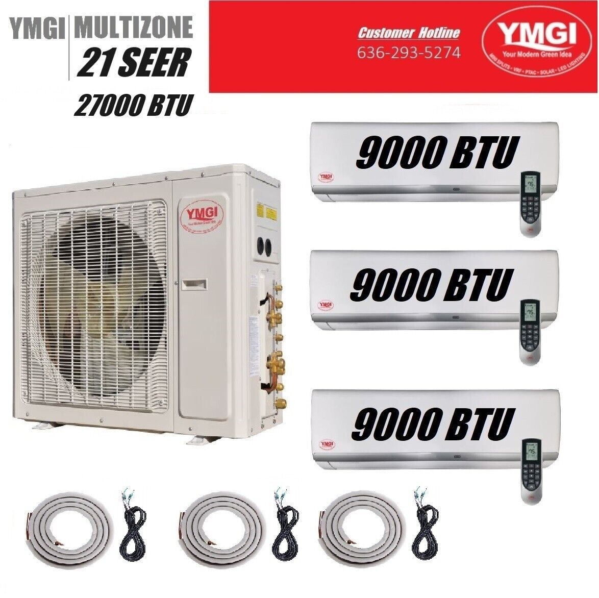 YMGI 27000 BTU 3 ZONE 21 Seer Ductless Mini Split Air Conditioner Heat Pump 20PO