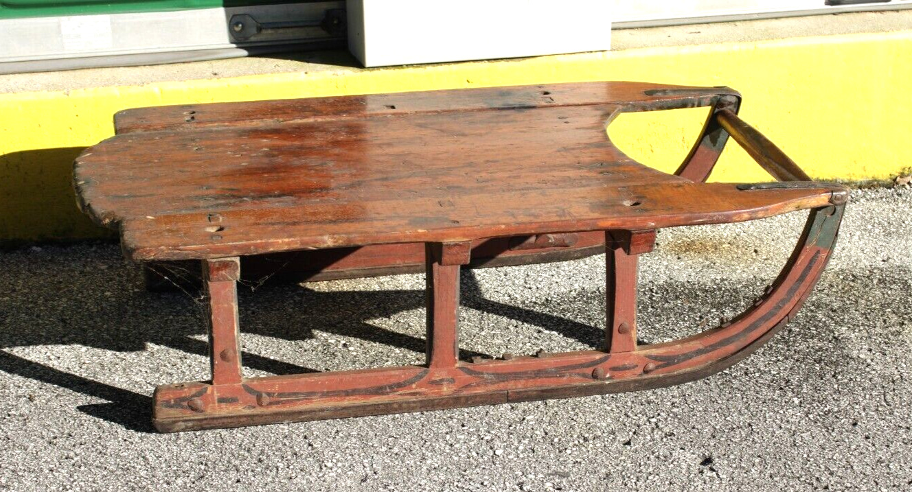 Antique Primitive 19th Century Wood Sled Iron Runners Original Painted Surface