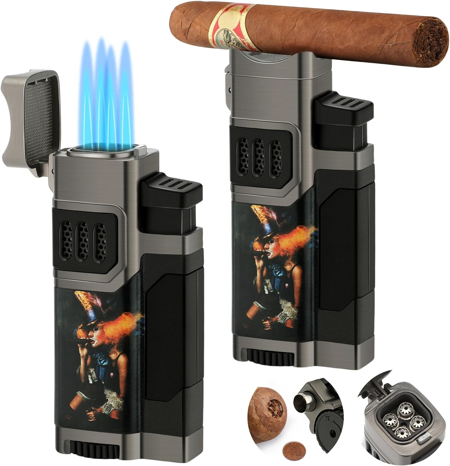 Cigar Lighter 2 Pack with Cigar Punch Cigar Holder 4 Jet Flame Torch Lighter