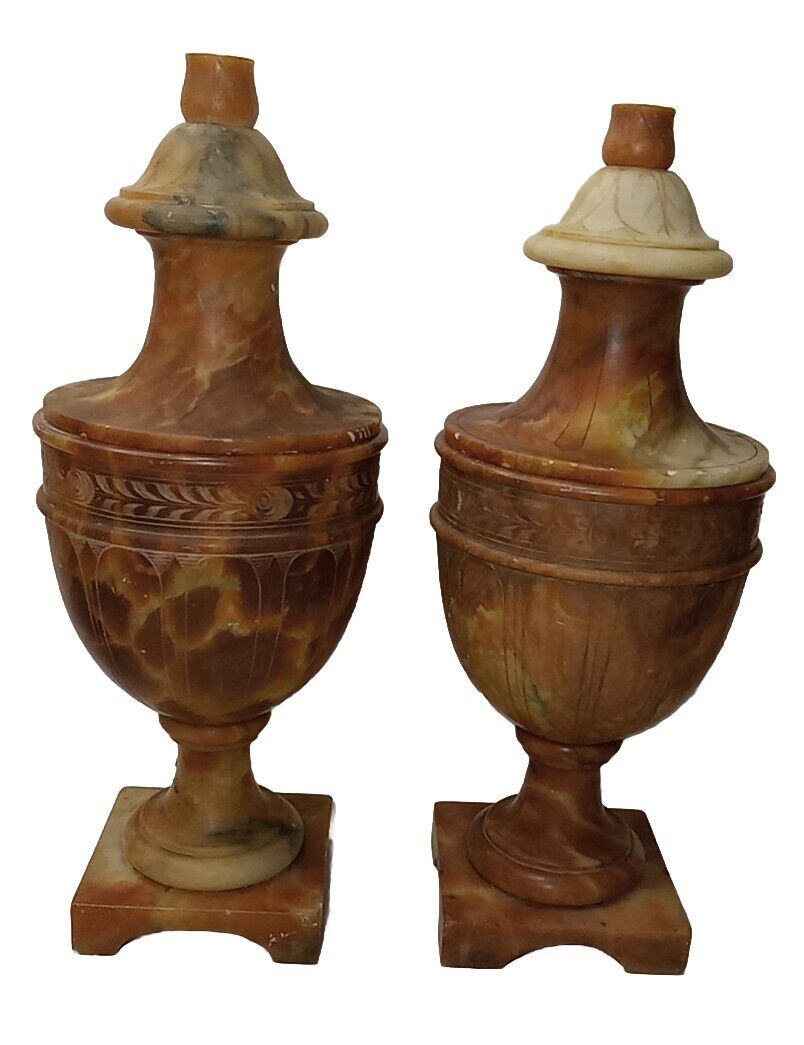 Pair Of Antique Italian Carved Alabaster Urn Lamps Neoclassical 1920