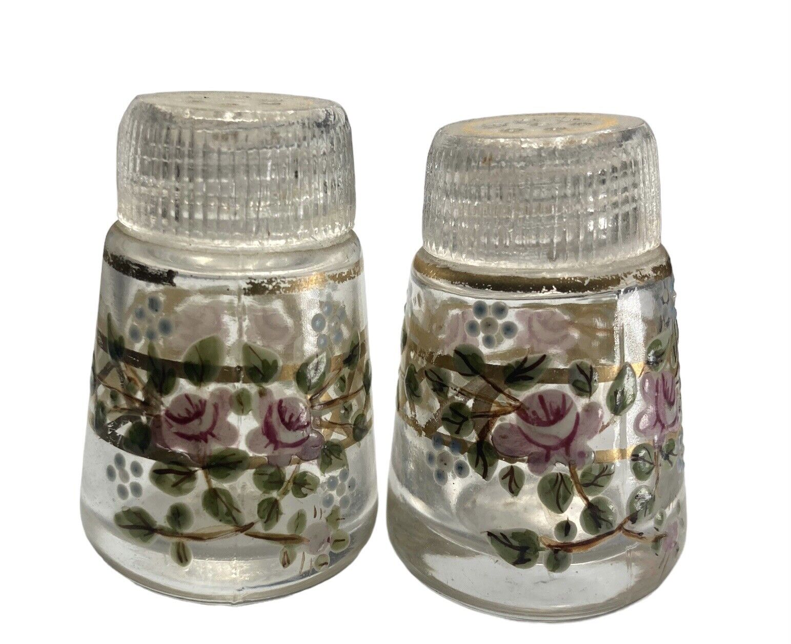 Vintage Hawkes Salt Pepper Shakers w/ Glass Tops Pink Roses Gold Lattice Painted