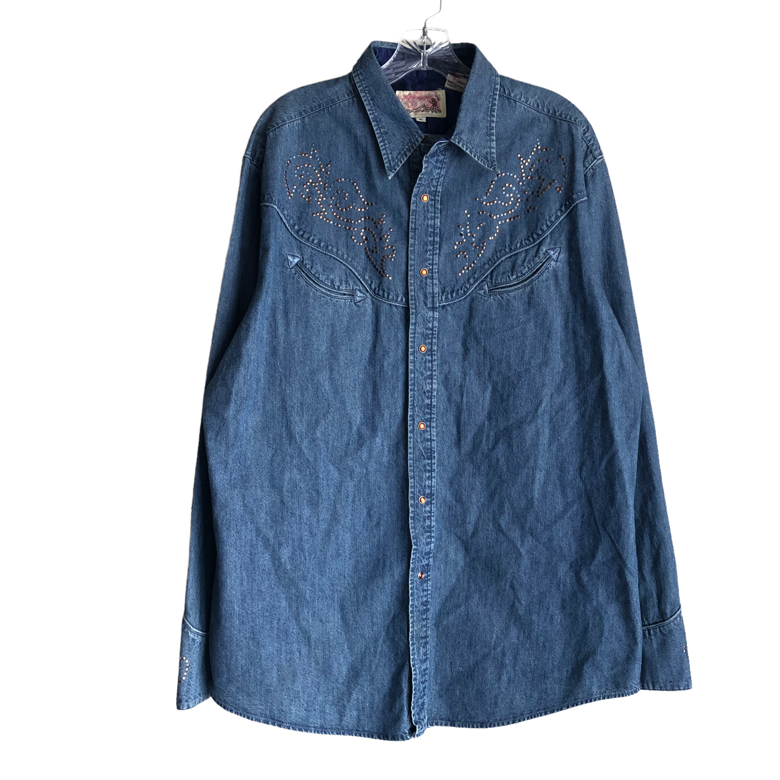 Vintage Roper Men\'s Western Chambray Shirt Size XL Embellished Lined 100% Cotton