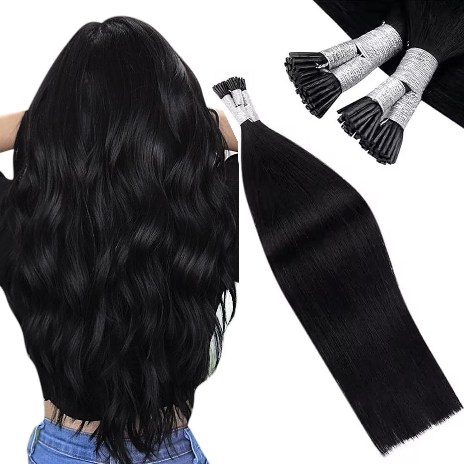 LaaVoo I Tip Hair Extensions Real Human Hair Jet Black Itip Hair Extensions H...