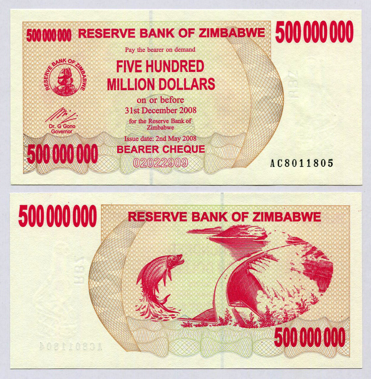 Zimbabwe 500 Million Dollars x 25 pcs 2008 P60 consecutive UNC currency bills
