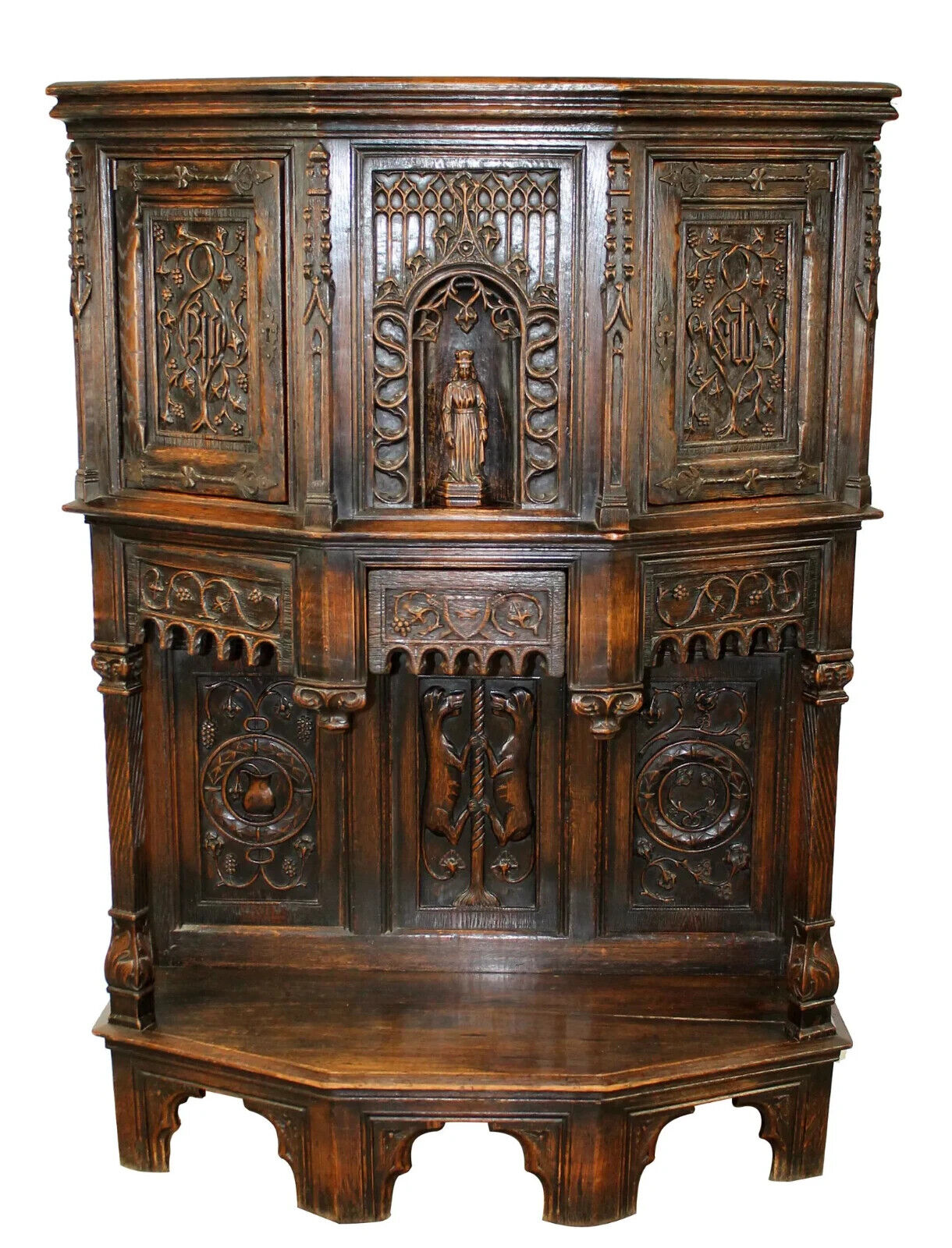 Antique Cabinet, French Gothic Revival, Carved Oak Reliquary w/ Bishop, 1800s