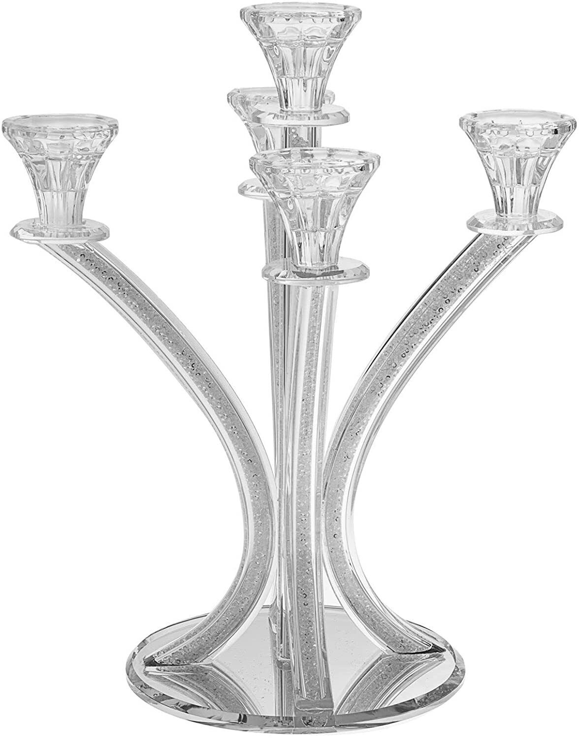 (D) Judaica Modern Banded Candelabra Crystal with Stones 5 Branch Holiday Decor