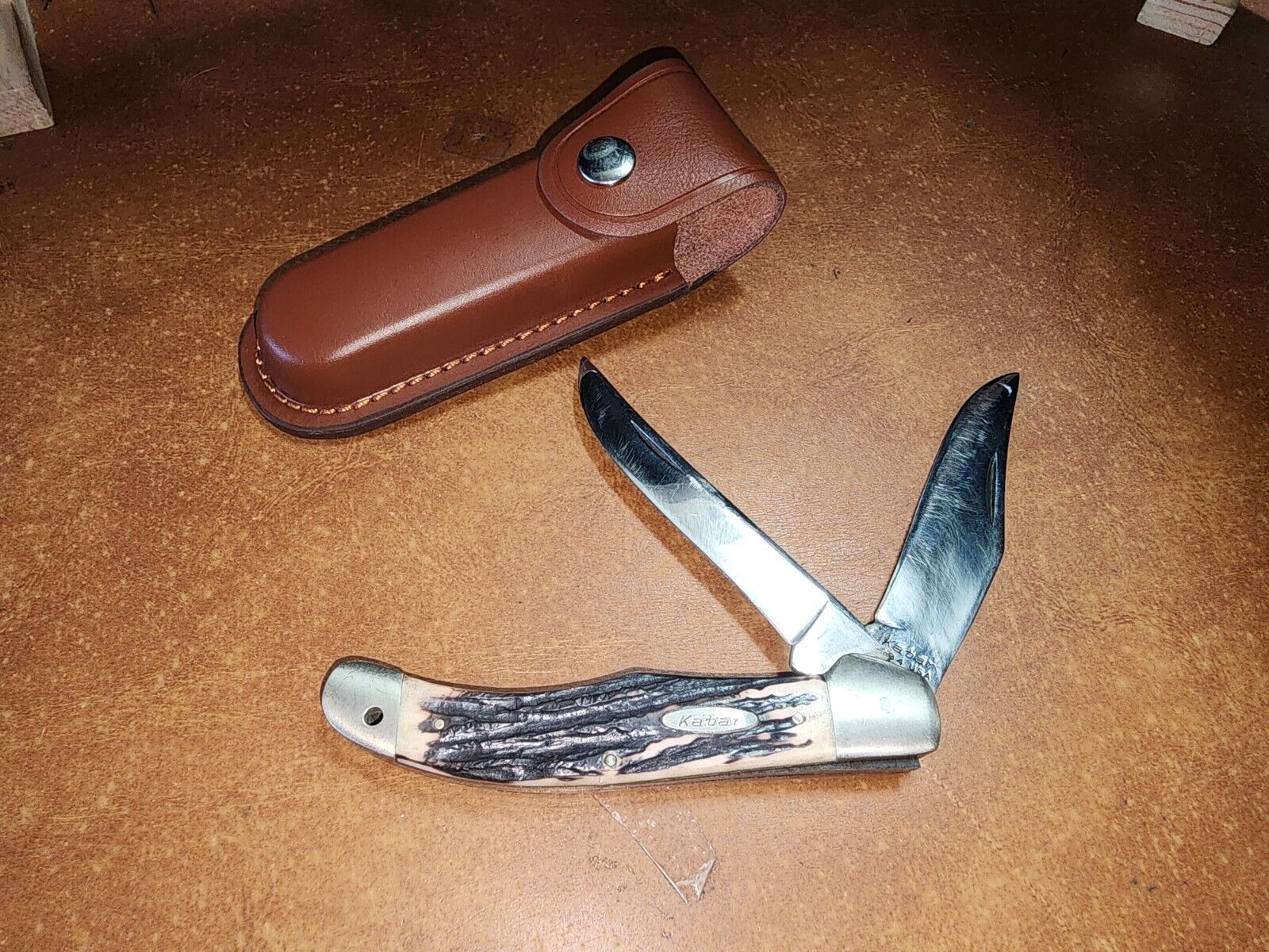 Vintage Kabar 1184 Stag 2 Blade Folding Hunting Knife W/ Sheath