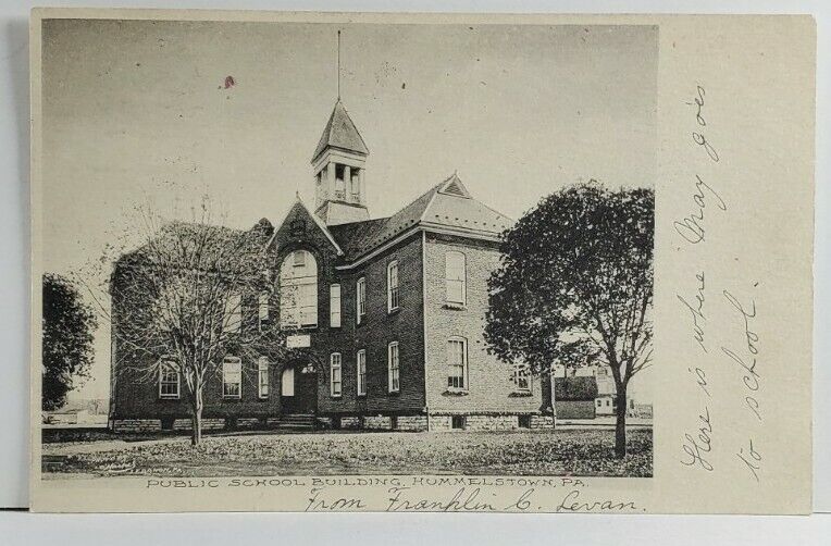 PA Hummelstown Public School Building 1907 to Elverson Pennsylvania Postcard Q2