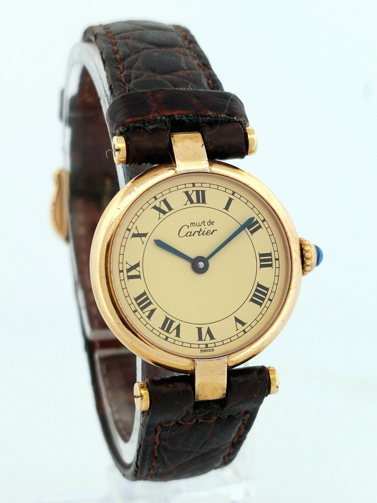Vintage Must de Cartier Vermeil Quartz 925 Silver Swiss Watch Leather Band -Runs
