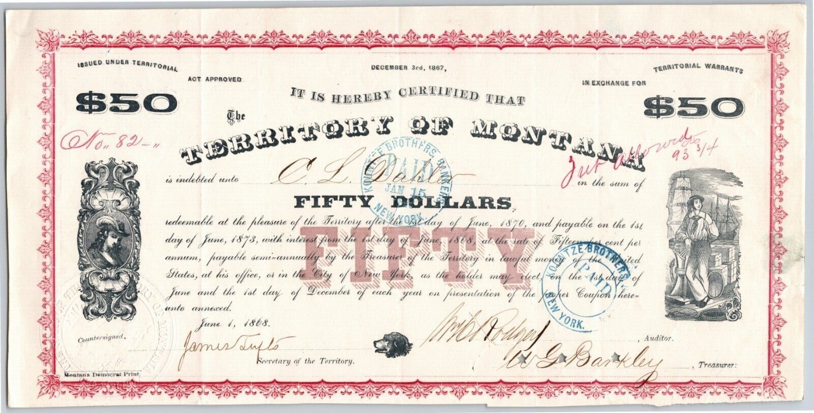 1868 Territory of Montana $100 15% Bond Certificate / Stock C.L. Dahler - Helena