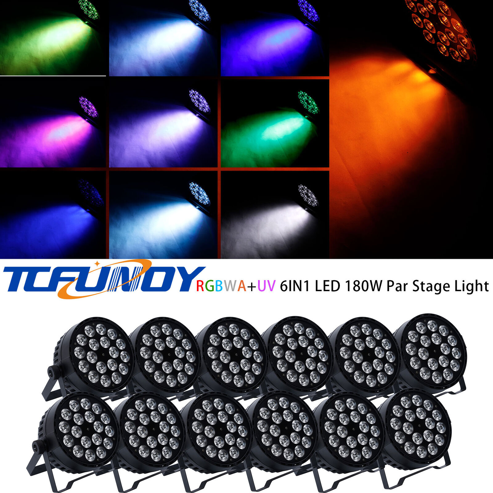 TCFUNDY 12PCS 180W RGBWA+UV LED Stage Par Can Light DMX DJ Disco Party Lights US