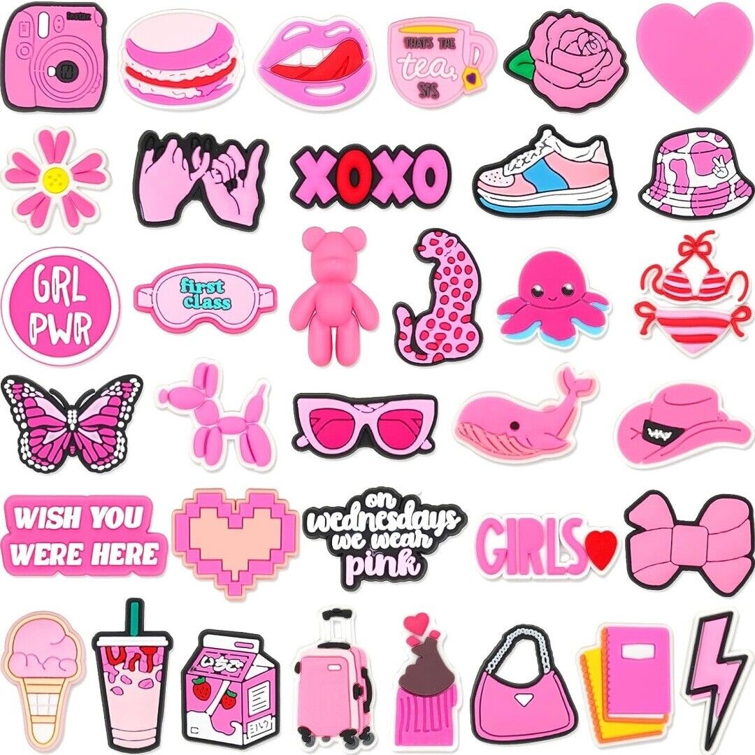 50-92 pcs PVC Croc Charms Pink Shoe Charms Cute Kawaii Decoration Charms Girls