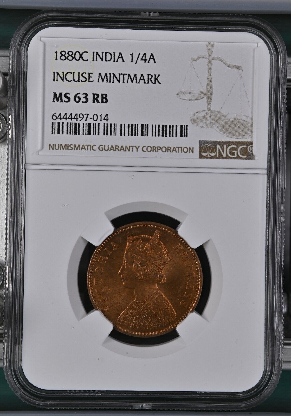 NGC MS63 1880-89 Queen Victoria 1/4 Anna EAST INDIA COMPANY -Save on Multiple
