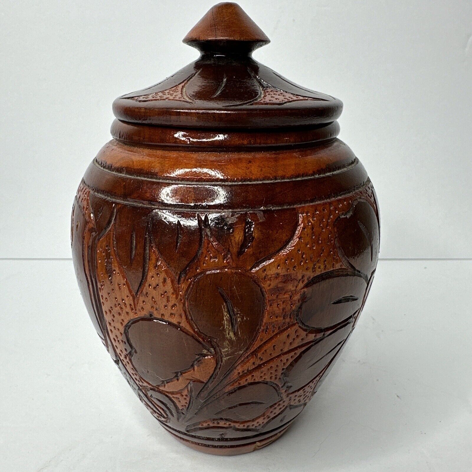 Vintage Wooden Hand Carved Floral Jar With Lid