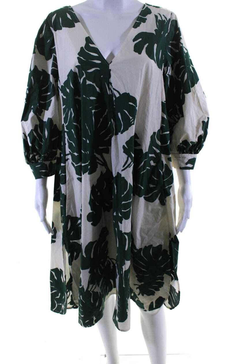 La Double J Womens Cotton Leaf Printed V-Neck A-Line Dress Beige Size M