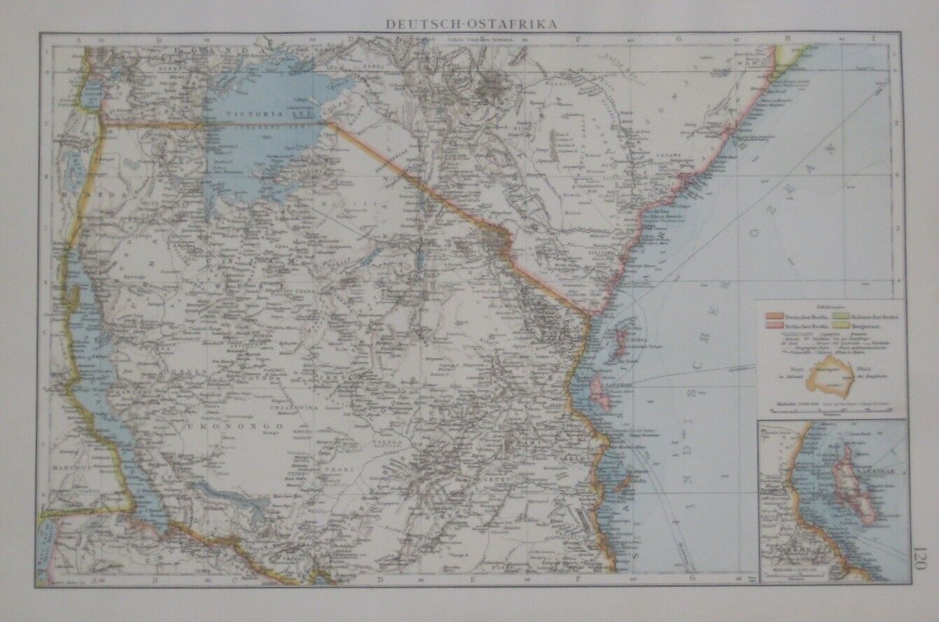 Original 1896 Map GERMAN EAST AFRICA Deutsch-Ostafrika Kilimanjaro Lake Victoria