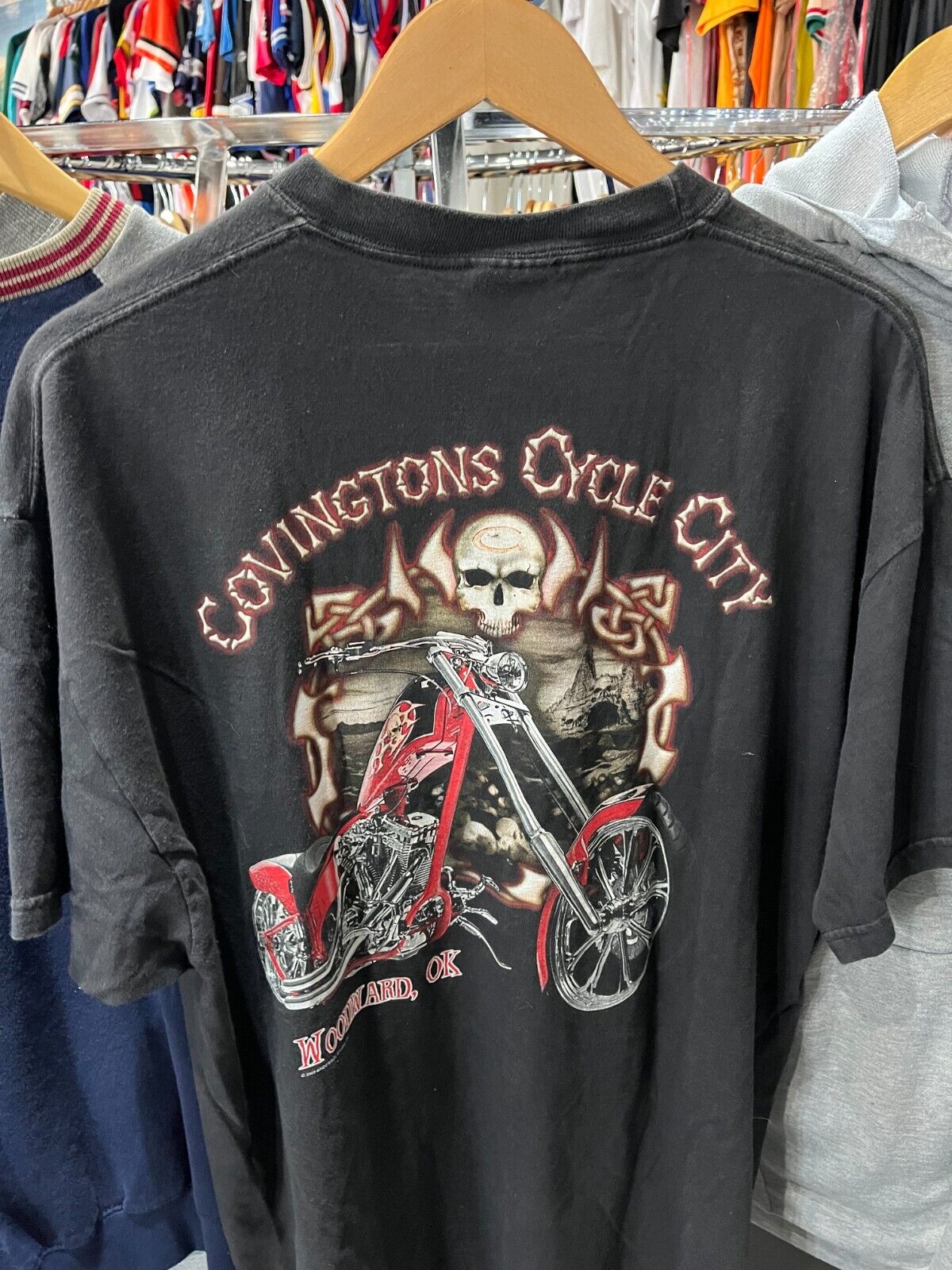 Vintage 2002 Covington Motorcycle Center Black Double Sided Skeleton Biker Tee