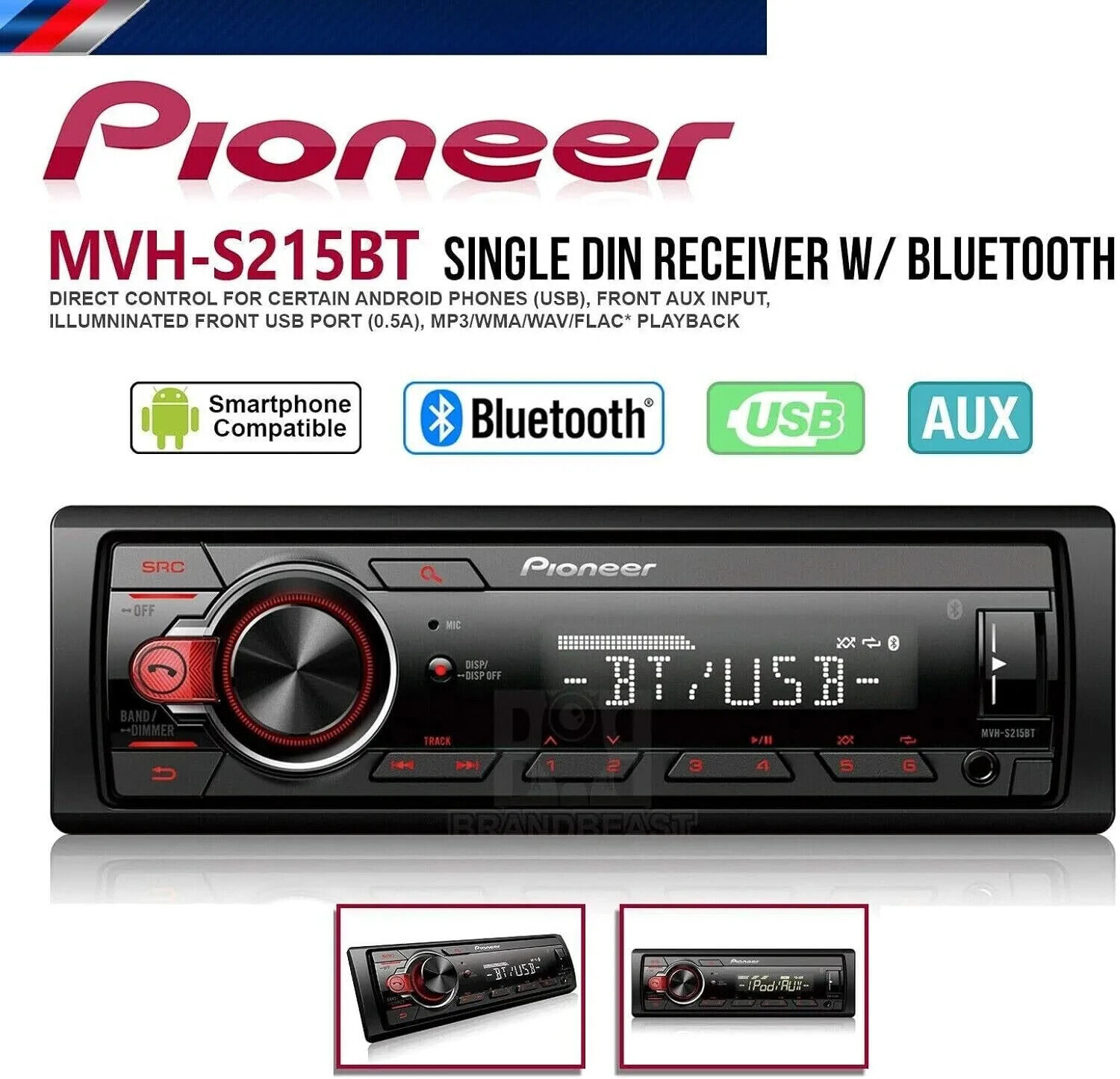 Pioneer MVH-S215BT Stereo Single DIN Bluetooth In-Dash USB MP3 Auxiliary AM/FM