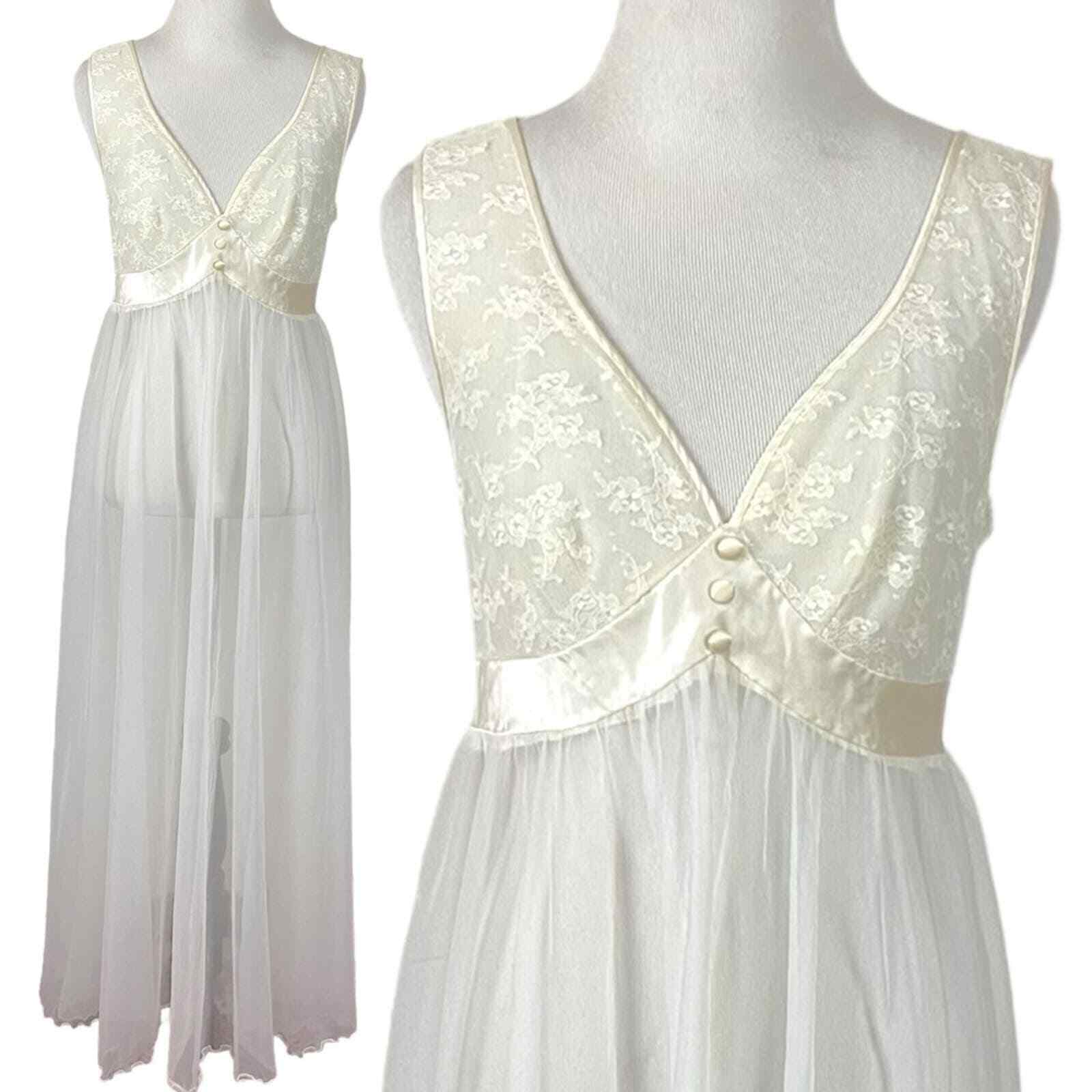 Vintage 60s Shadowline Maxi Gown Small Cream White Lace Tulle Fairy Ethereal