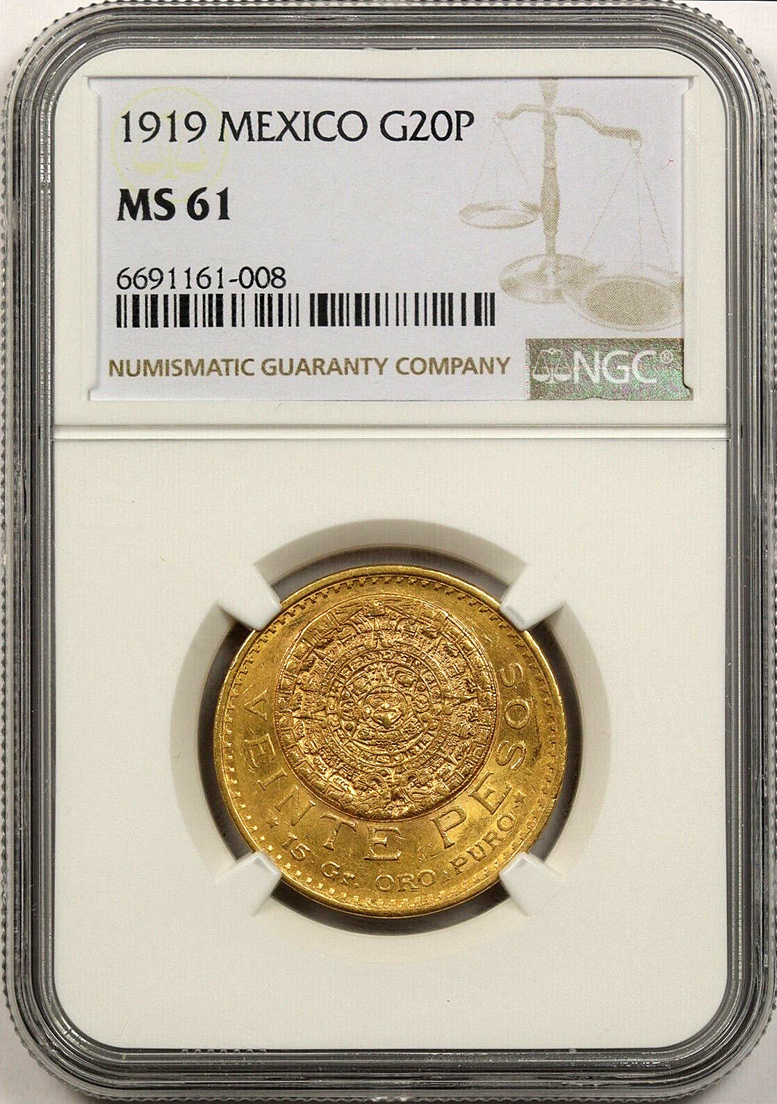 1919 Mexico G20P NGC MS 61 Gold 20 Pesos - Very Nice