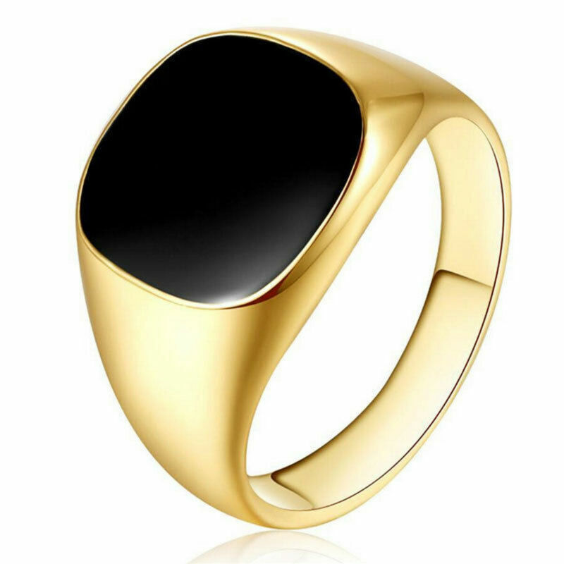 18ct Gold Filled Black Onyx Mens Signet Wedding Band Pinky Ring Size 7-12