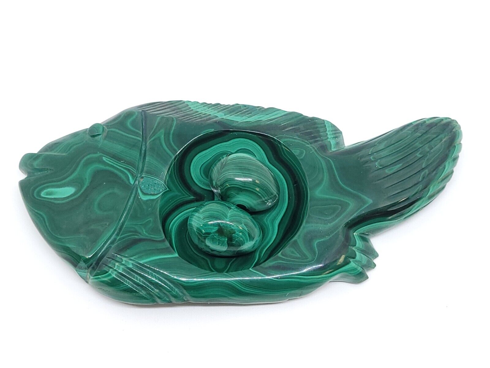 Hand Carved Malachite Fish Dish Sculpture ( 7.5 inch long)With 2 eggs, OOAK