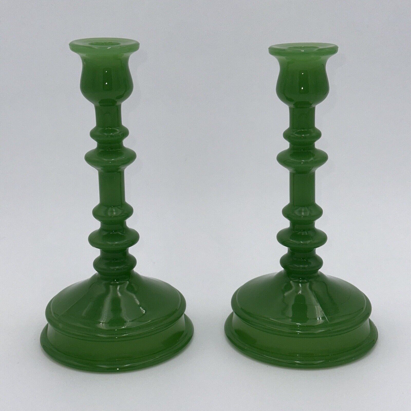 Northwood Candlesticks Jade Jadeite Green Glass 1920s Spindle Pattern 