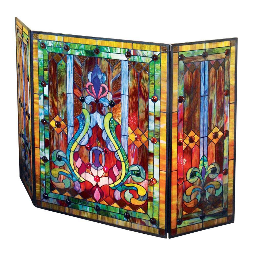 Tiffany Style Stained Glass Fleur de Lis Fireplace Screen, 44\