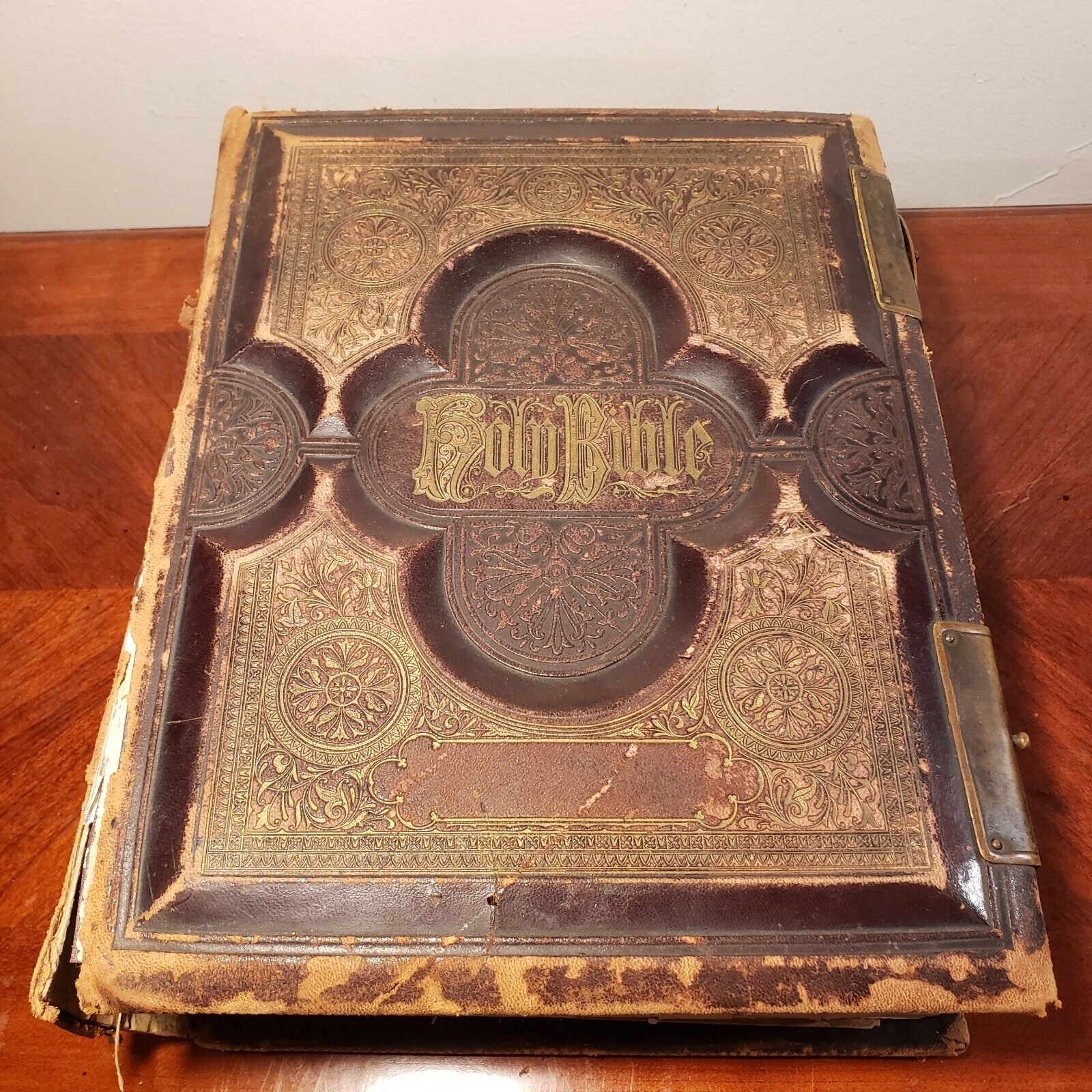 Large Antique 1873 Family Bible Ornate Leather With Copper Clasps 151 Years Old