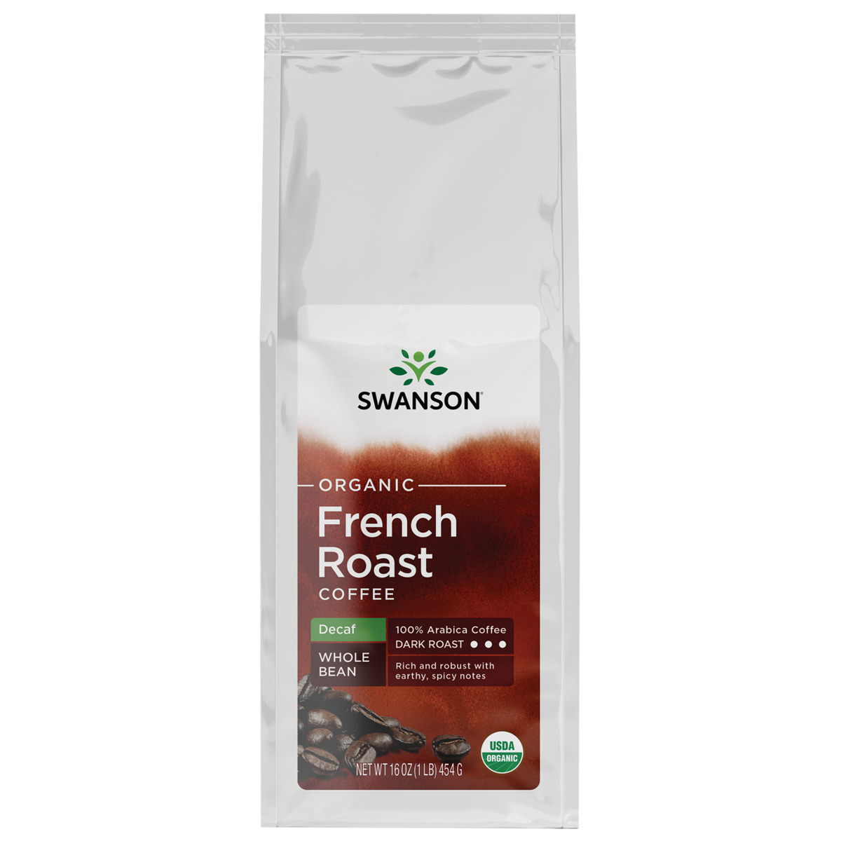Swanson Organic French Roast Decaf Whole Bean Coffee - Dark Roast 16 oz Package