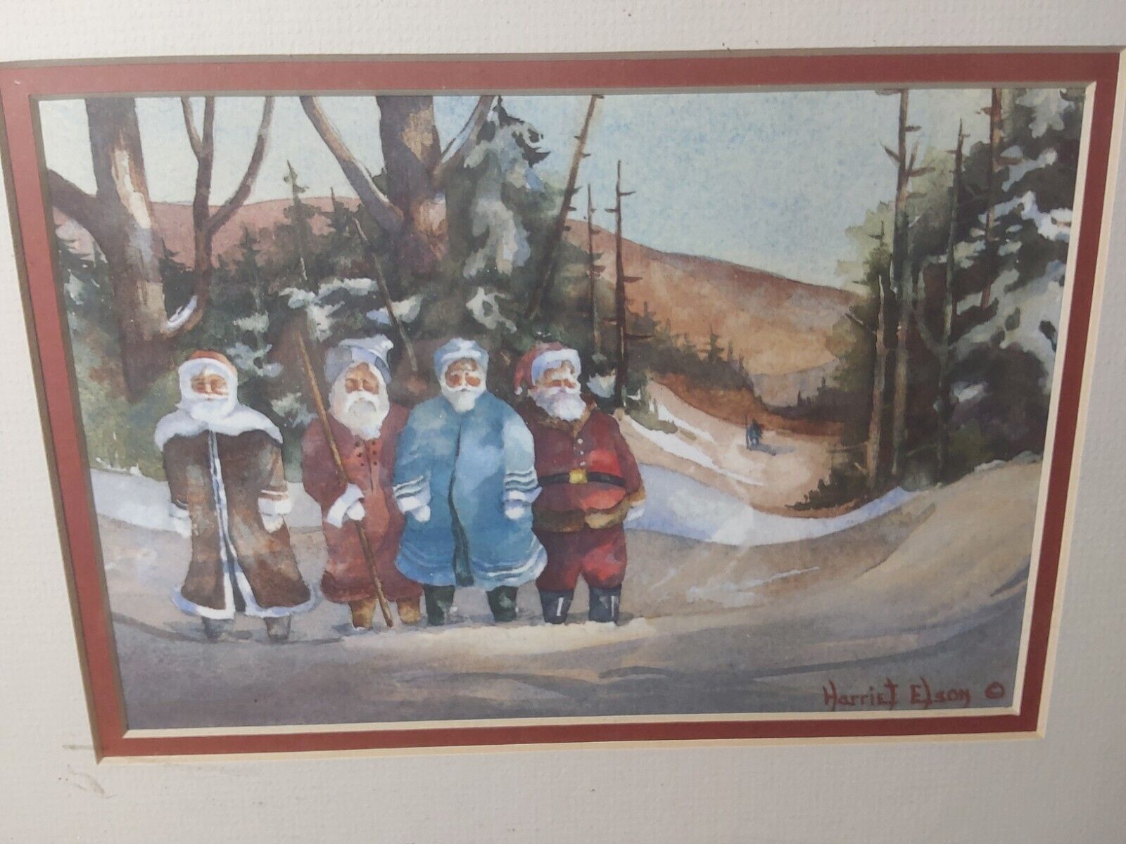 Harriet Elson Water Color Santas of the World Lithograph Print Wall Decor RARE