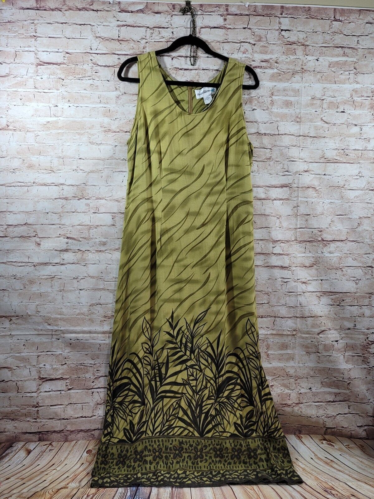 Vintage Papillion Woman Dress Sleeveless Summer Green Leaves Zip Down Boho Large