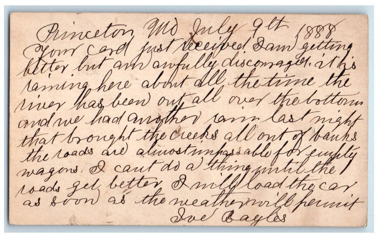 1888 Raining Message Princeton Missouri MO Omaha NE Antique Postal Card