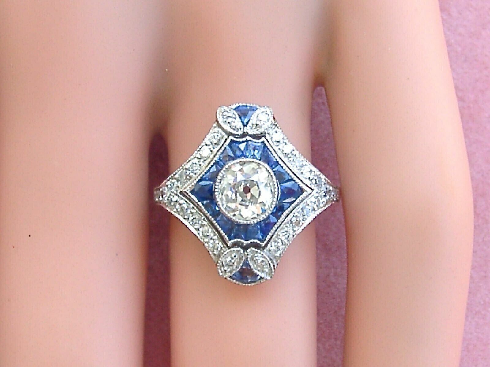 Art Deco Vintage Style Lab-Created Diamond & Sapphire Wedding 925 Silver Ring