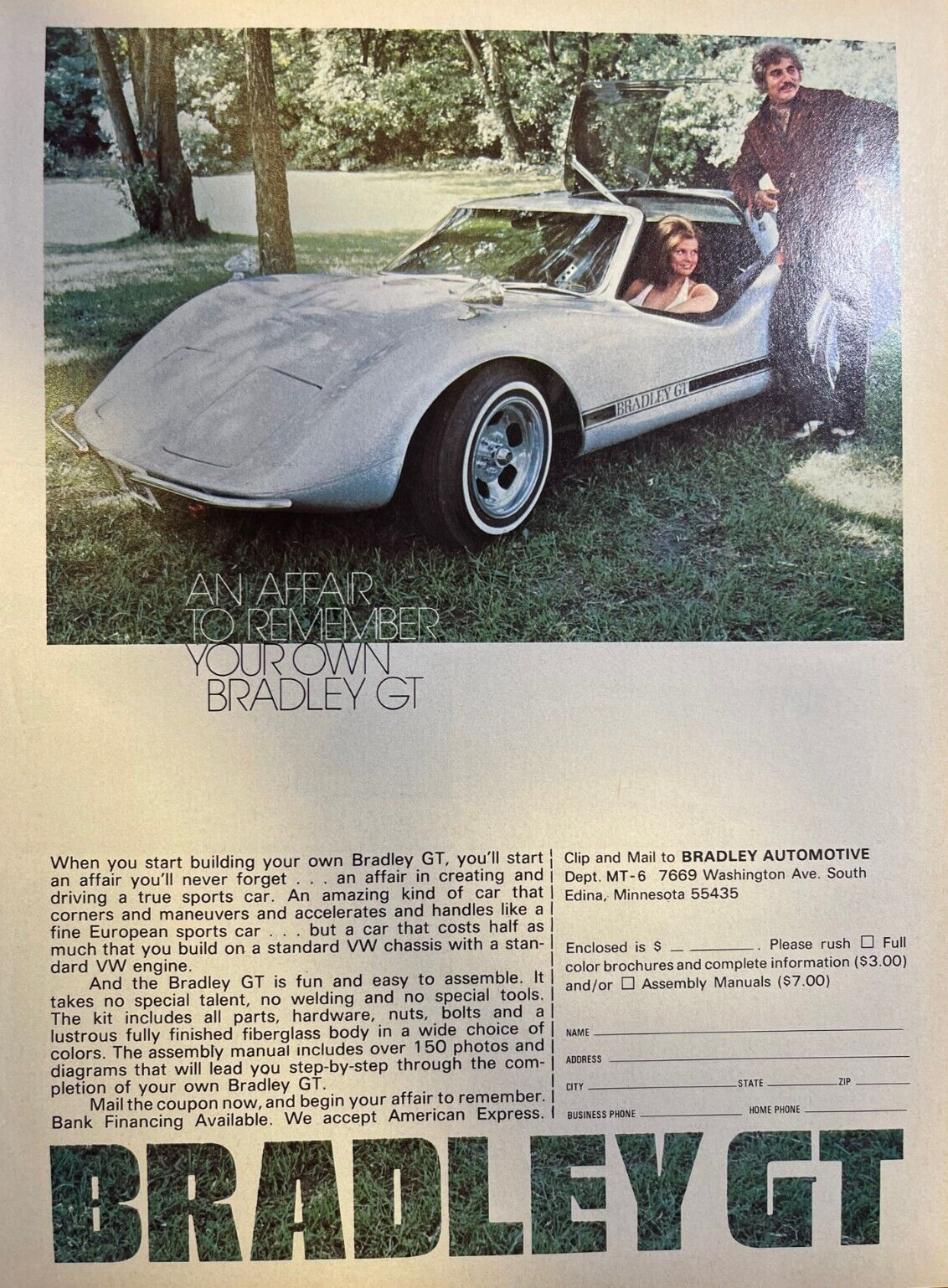 1974 Vintage Magazine Advertisement Bradley GT Kit Car