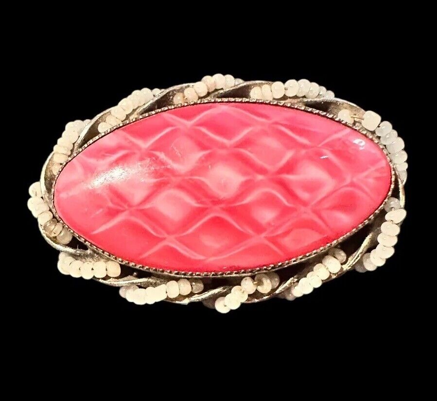 Antique Pink Guilloche & Seed Bead Wired Victorian/Georgian? Brooch C-Clasp