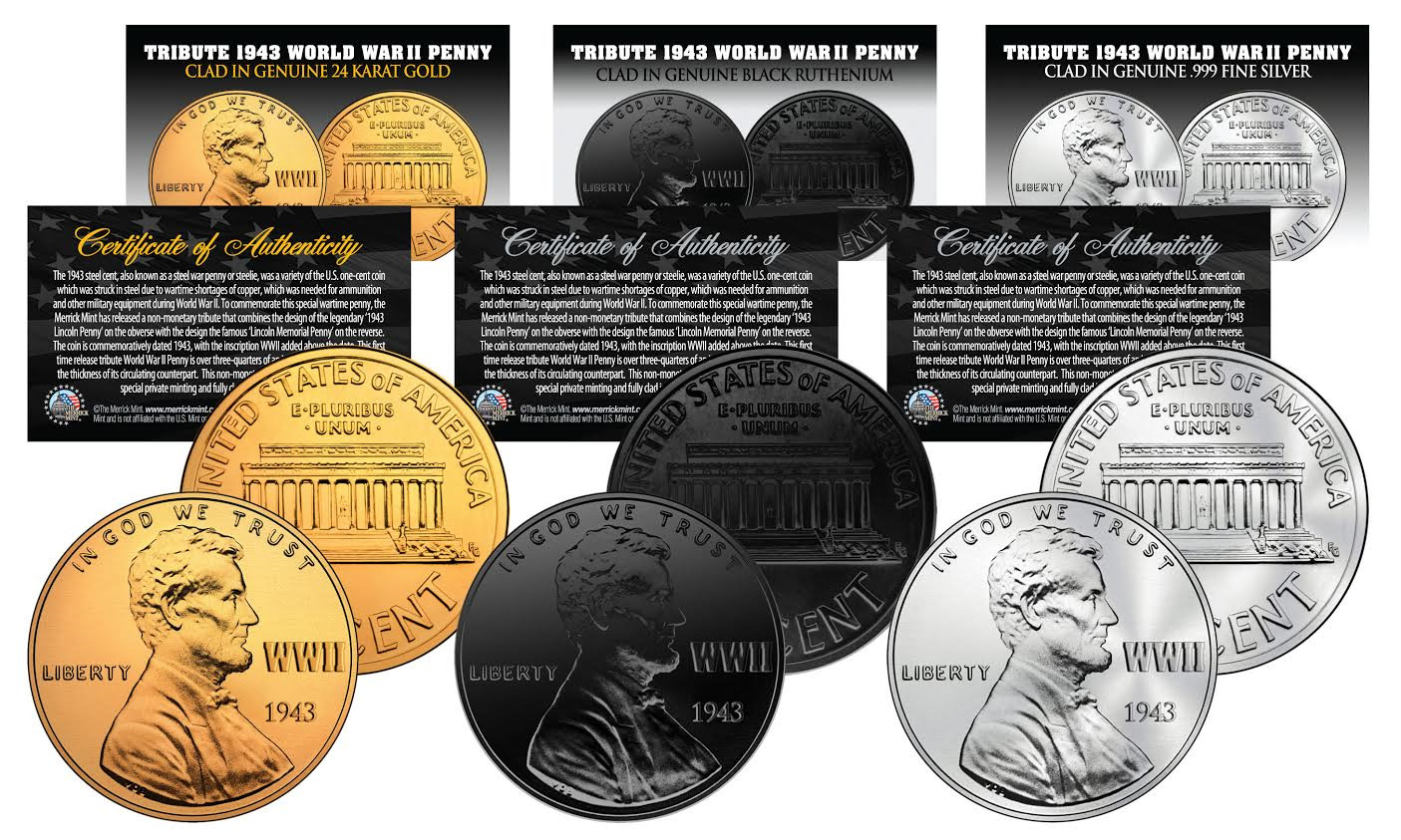 1943 TRIBUTE WWII Steel Penny Coins 3 Versions BLACK RUTHENIUM, 24K GOLD, SILVER