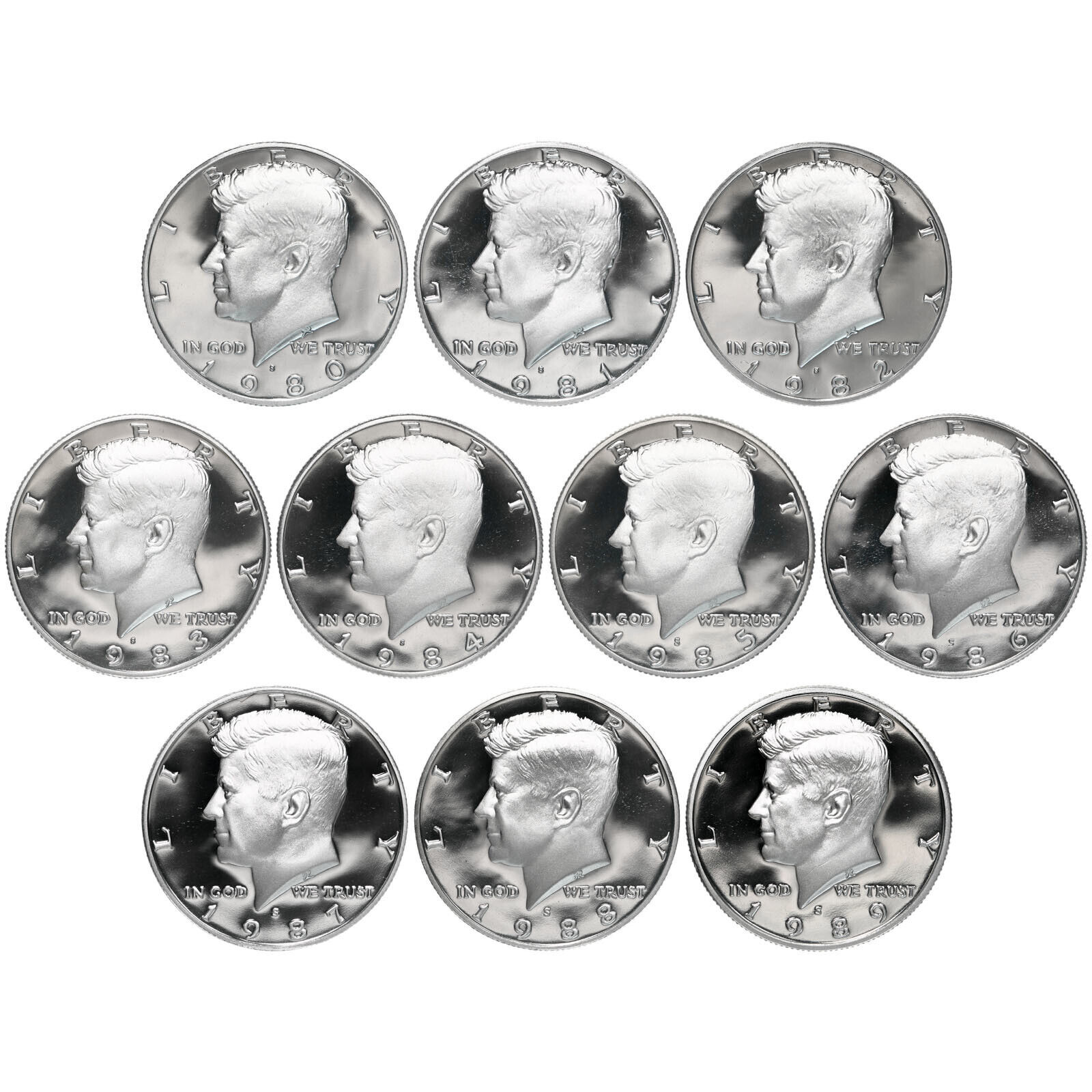 1980-1989 S Kennedy Half Dollar Gem DCam Proof Run 10 Coin Set CN-Clad US Mint