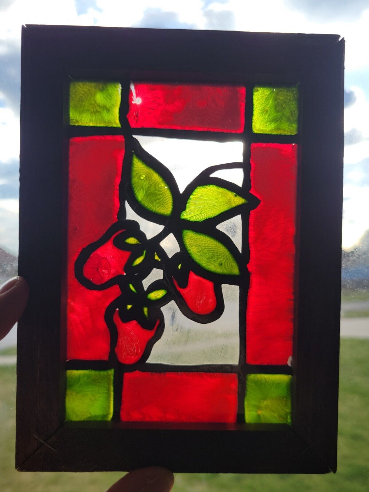 Vintage 🌹 Stained Glass Picture Suncatcher Poinsettia Rose Tulip Plant 8x6\