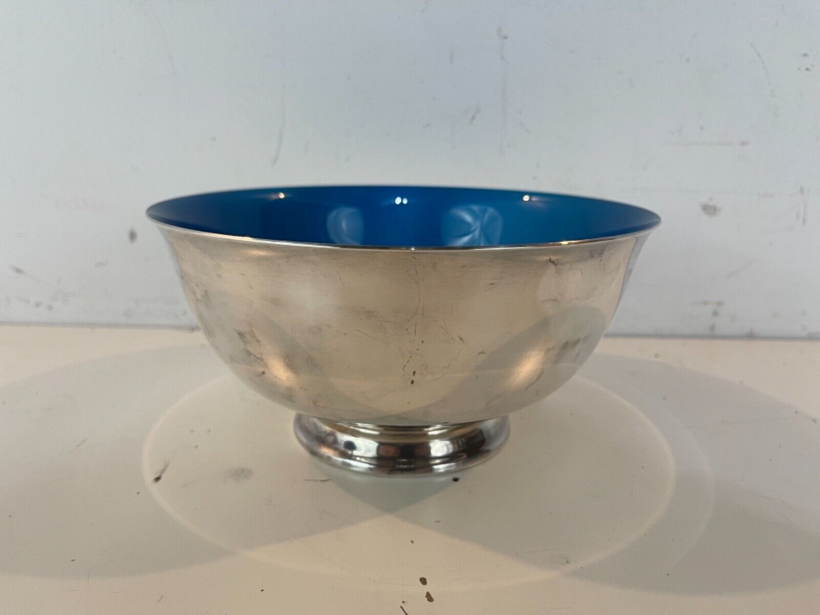 Vtg Reed & Barton Silverplate & Blue Azure Enamel Serving Revere Style Bowl 104