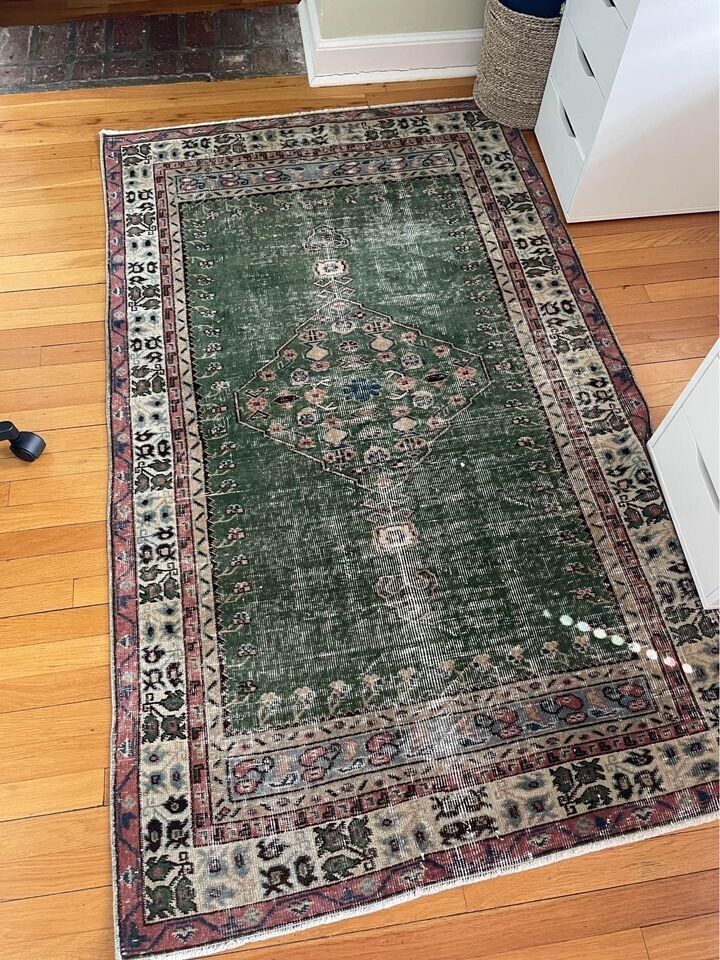 4x6 Vintage Turkish Rug, Green, Perfect Condition