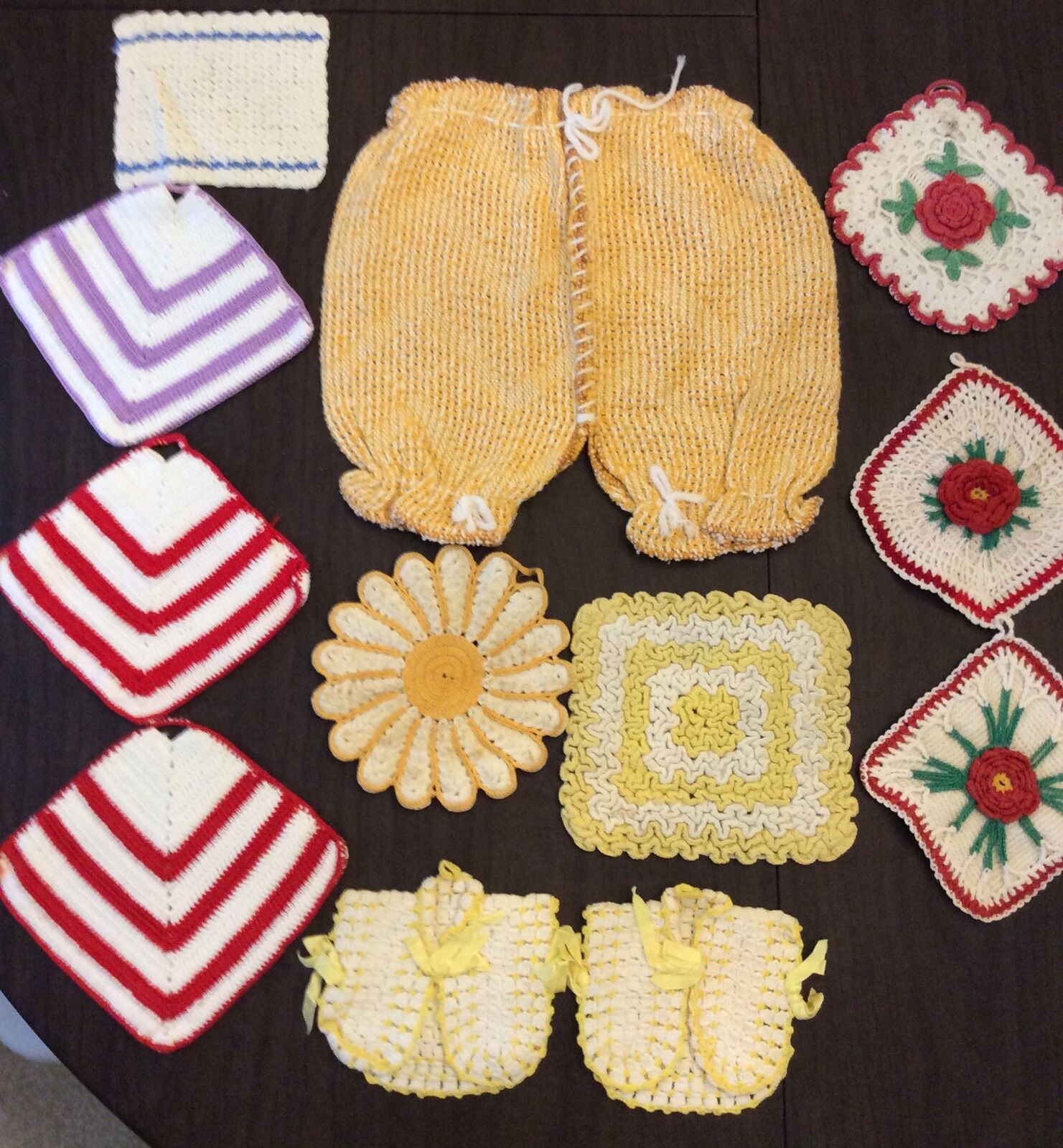 Lot 12 Vintage Hand Crocheted Pot Holders Hot Pads Yellow White Red Irish Roses