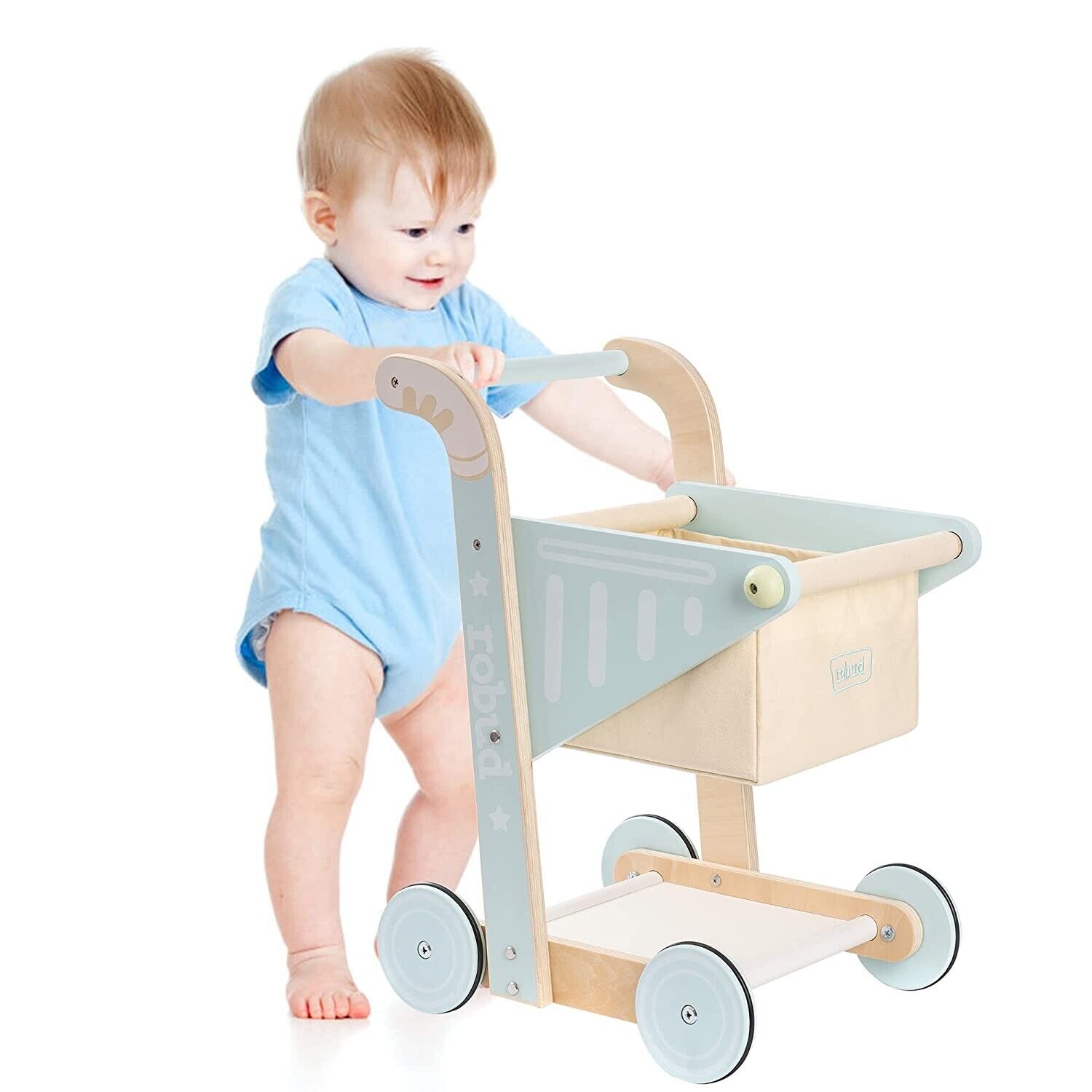 ROBOTIME Baby Push Walker Wooden Shopping Cart for Boys Girls Up Push Walker Toy