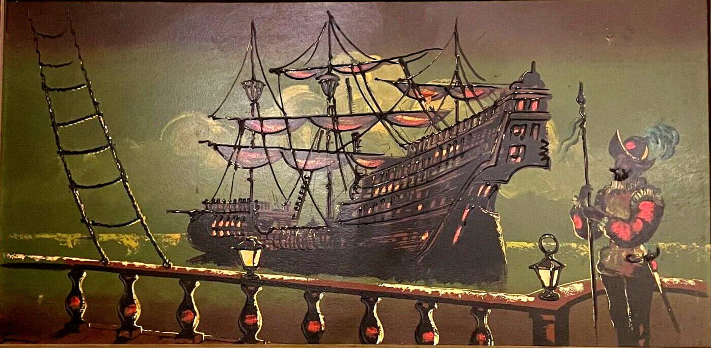 Mid-century Conquistador Vintage Spanish Revival Galleon Explorer Drip Painting