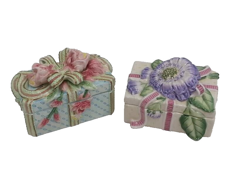 Fitz & Floyd Spring Fling Florals Rectangular Porcelain Trinket Boxes Lot Of 2