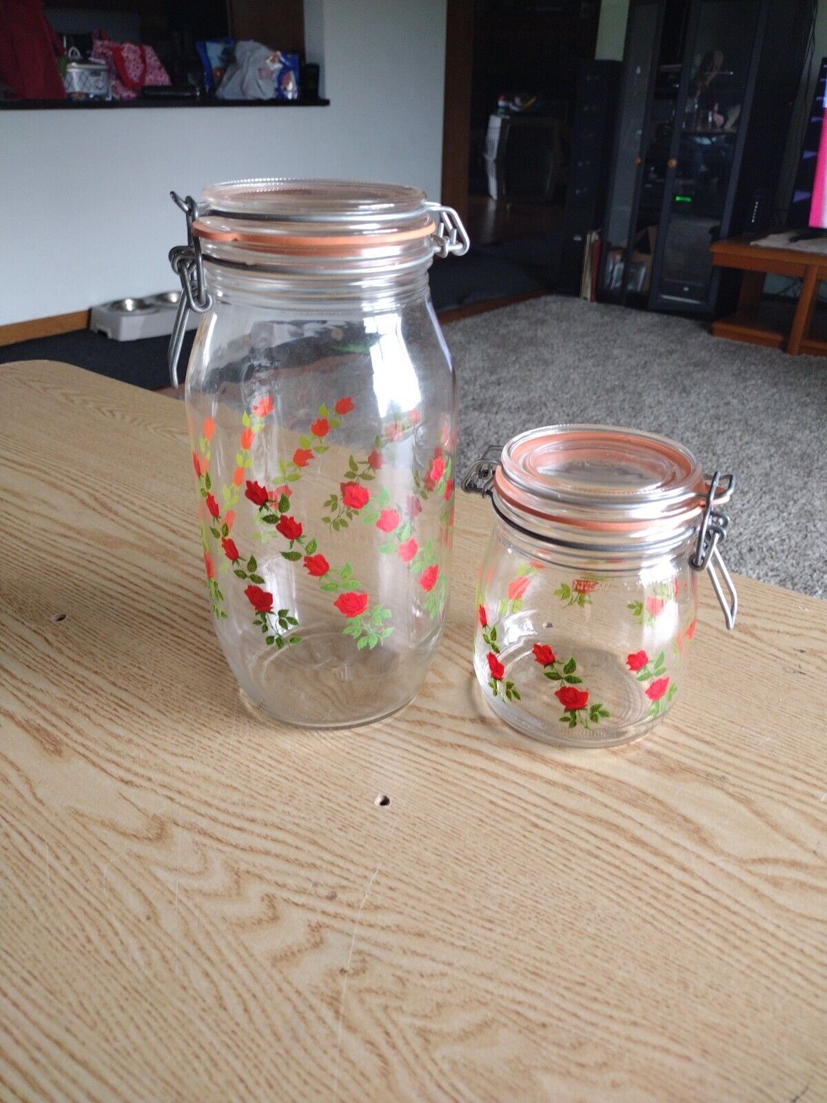 Vtg Lot Set Of 2 ARC France Glass Jar Kitchen RARE RED ROSE PATTERN BEAUTIFUL ❤️