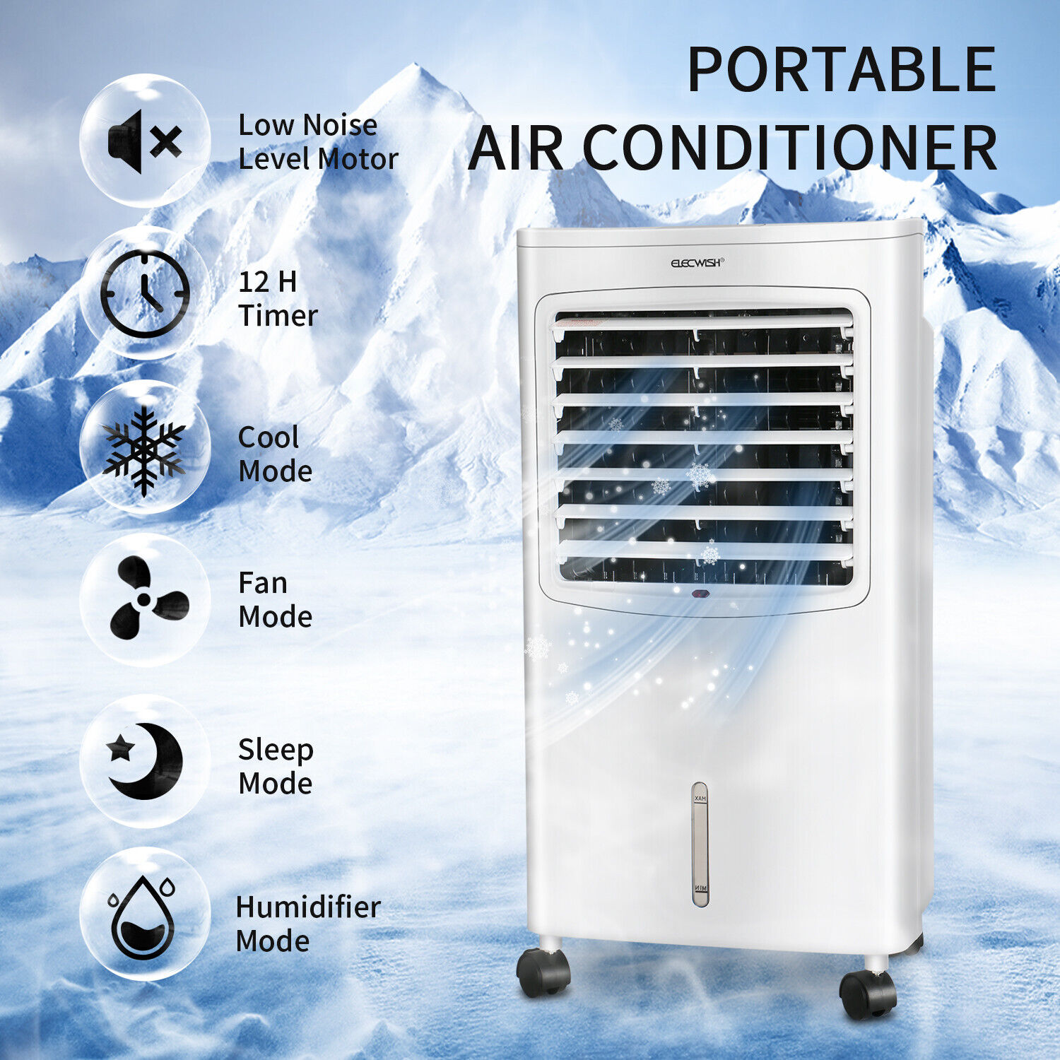 8L Evaporative Air Cooling Fan Portable Cooler Humidifiers 3 Speeds with Wheels